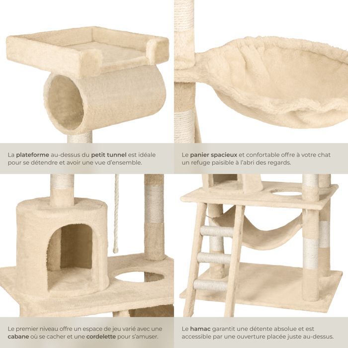 Arbre à chat - TECTAKE - Mobilier pour chat STOKELEY 141 cm de hauteur avec zones de couchage et cordelette - Beige