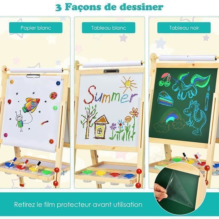 Caballete infantil de doble cara GOPLUS en madera de pino - Altura ajustable en 3 niveles - Caballete 3 en 1 con abundantes accesorios