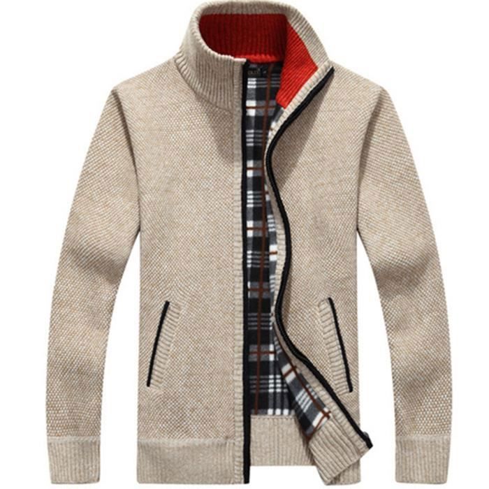 Cárdigan de hombre para otoño/invierno con cremallera frontal abierta, tejido de punto cálido, cuello recto, mangas largas con 2 bolsillos, color caqui.