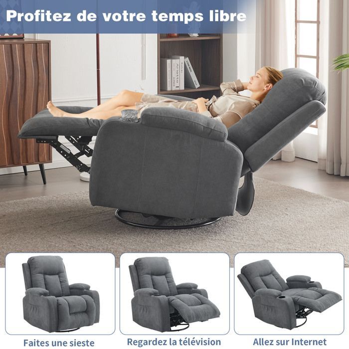 Sillón de masaje giratorio de 360°, sillón de relajación reclinable manualmente con calefacción y vibración.