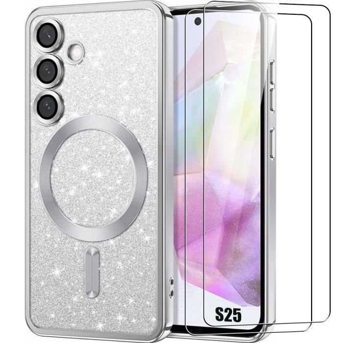 Case + 2 Tempered Glass Screen Protectors for Samsung Galaxy S25, with Magnetic Camera Protection Circle - Sparkling Silver