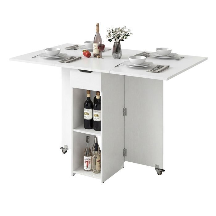 Table de Cuisine Pliable 4-6 Personnes - LIFEZEAL - Tiroir et 2 Etagères - 2 Roues - Table à Manger Extensible 120X72X75CM - Blanc