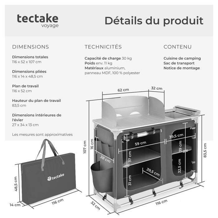 Muebles de camping - TECTAKE - Cocina de camping plegable con bolsa de transporte 116 x 52 x 107 cm - Gris