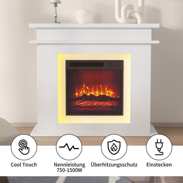 Cheminée électrique avec effet flammes 3D, Cheminée sur Pied 750/1500W avec LED, Minuterie et Protection contre la surchauffe, Blanc
