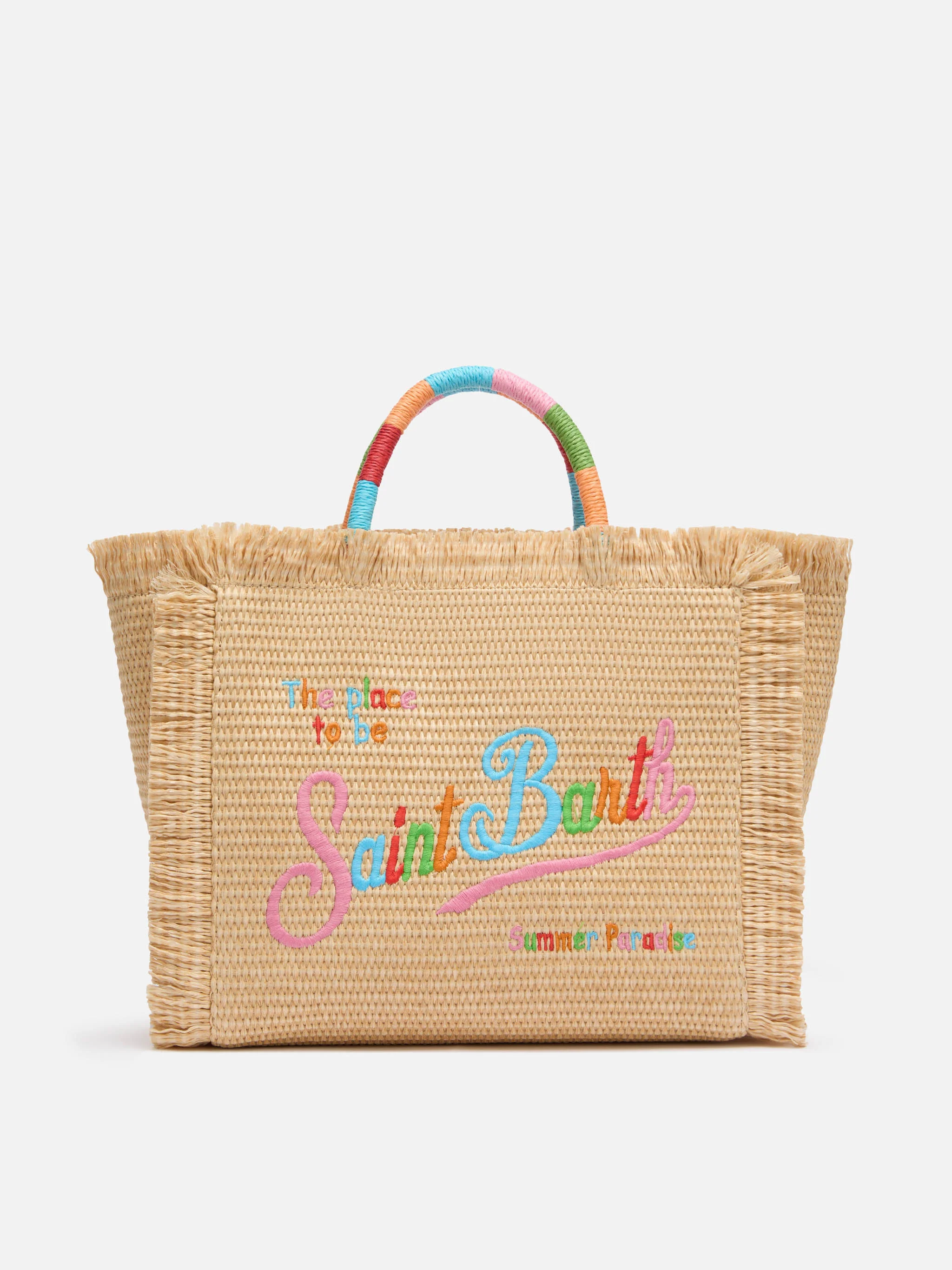 Colette tas met stro-effect en veelkleurig geborduurd logo.