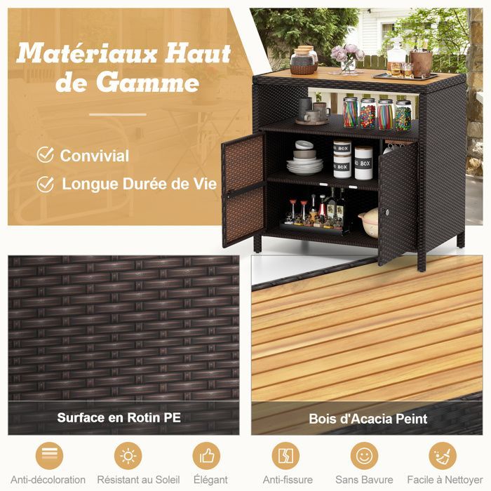 COSTWAY Coffre de Rangement en Rotin avec Plateau en Acacia, 2 Portes, Armoire de Jardin en Osier pour Piscine Terrasse Patio, Brun