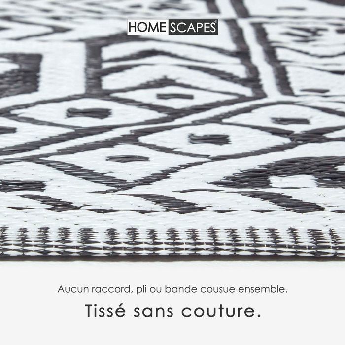 Tapis extérieur jardin imperméable, réversible et résistant UV - Noir et blanc - Géométrique - 182 x 122 cm