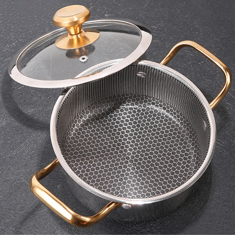 Casserole en acier inoxydable 304, revêtement antiadhésif alvéolé, couvercle inclus, compatible avec les plaques à induction, les cuisinières à gaz et toute autre poêle à frire.