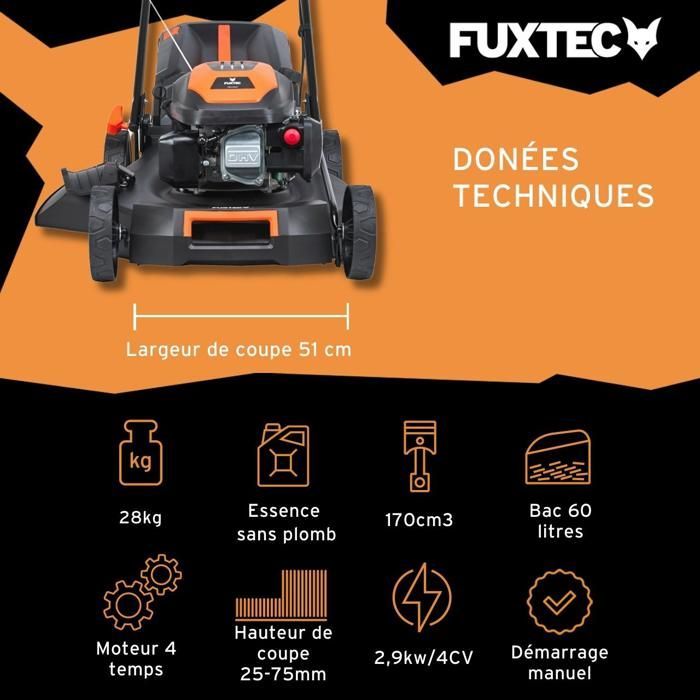 Tondeuse à gazon thermique autotractée FUXTEC FX-RM5170 – 51 cm – 170 cm³ – Bac 60 L – Easy Clean