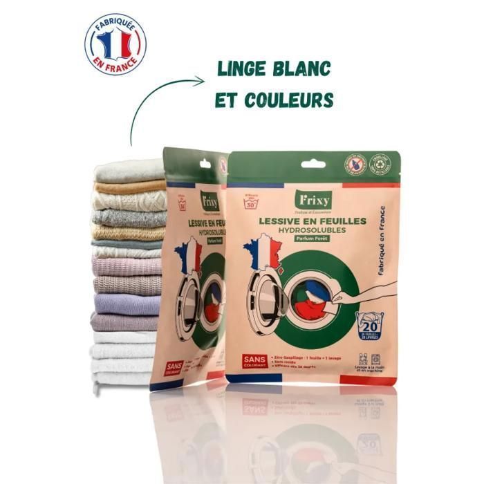 Frixy - Pack 7 sachets (140 lavages) - Feuilles de Lessive hydrosolubles parfum forêt (Sachet de 20 Feuilles) - Fabriqué en France