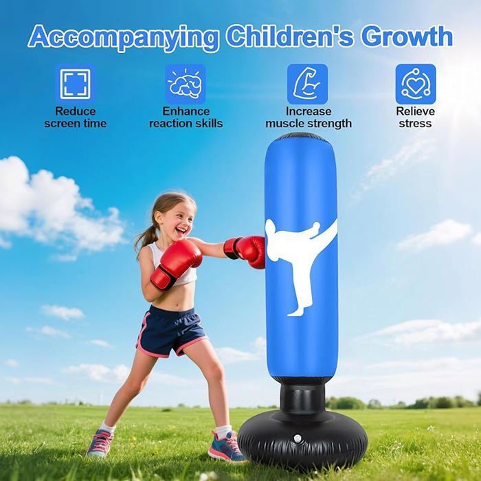 Saco de boxeo infantil de 160 cm, con guantes y bomba de inflado, ideal para niños, taekwondo y karate, de 3 a 12 años, color azul.