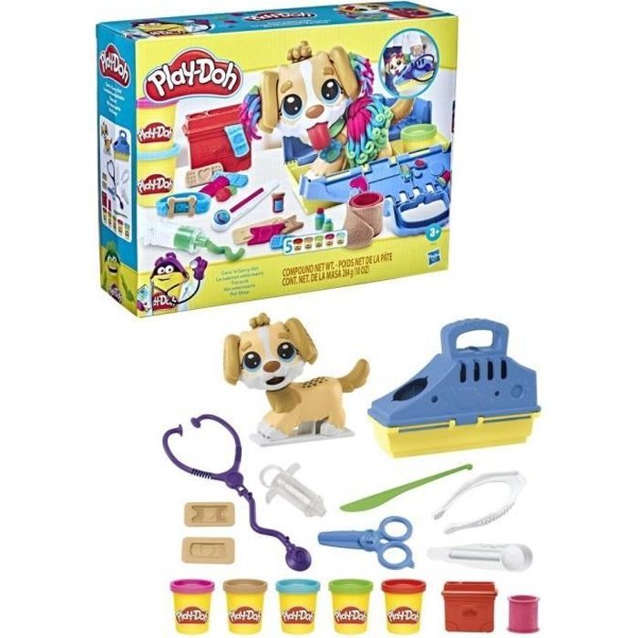 Clinica veterinaria Play-Doh con cane, con 5 vasetti di pasta modellabile e 10 strumenti, giocattolo per il doposcuola, La collana Classici