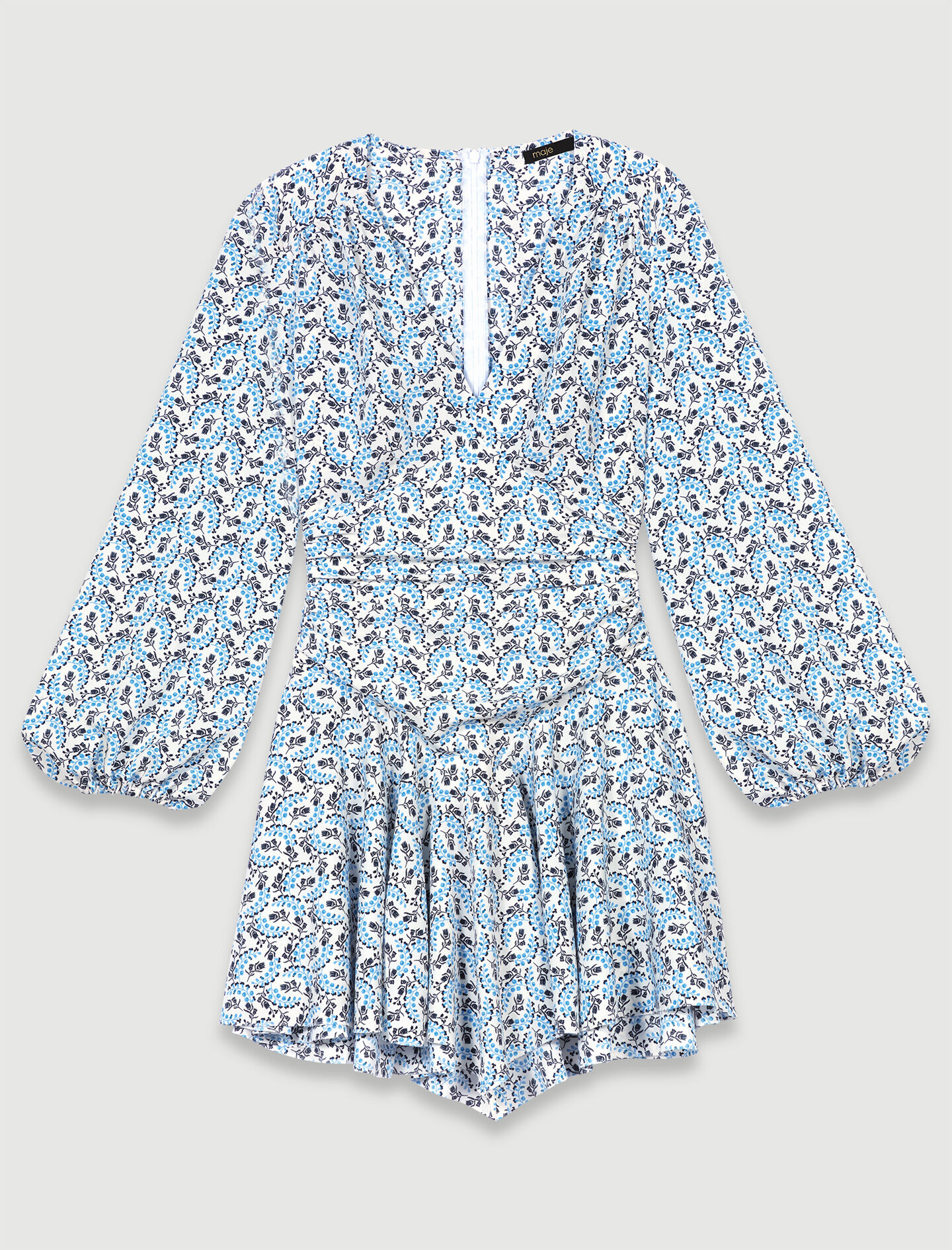 Korte crêpe jurk - rand met lelietjes van de vallei, ecru/blauw