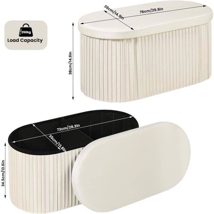 WOLTU Pouf avec Rangement 76L, Tabouret Ovale Pliable avec Couvercle Rembourré, Coffre en Velours, 76x38x38cm, Crème W0ETT0138