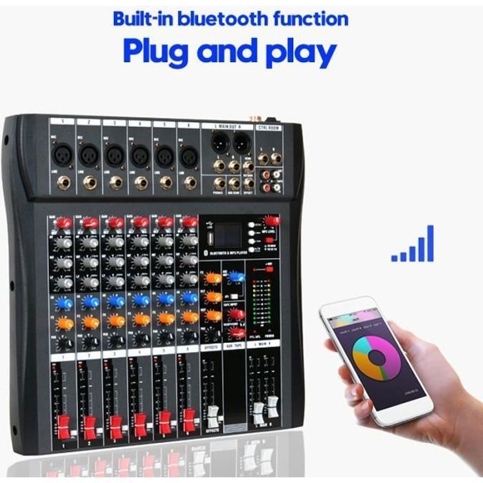 NEUFU 6-kanaals DJ-mixer, professionele live studio-audiomixer met USB-aansluiting en Bluetooth.