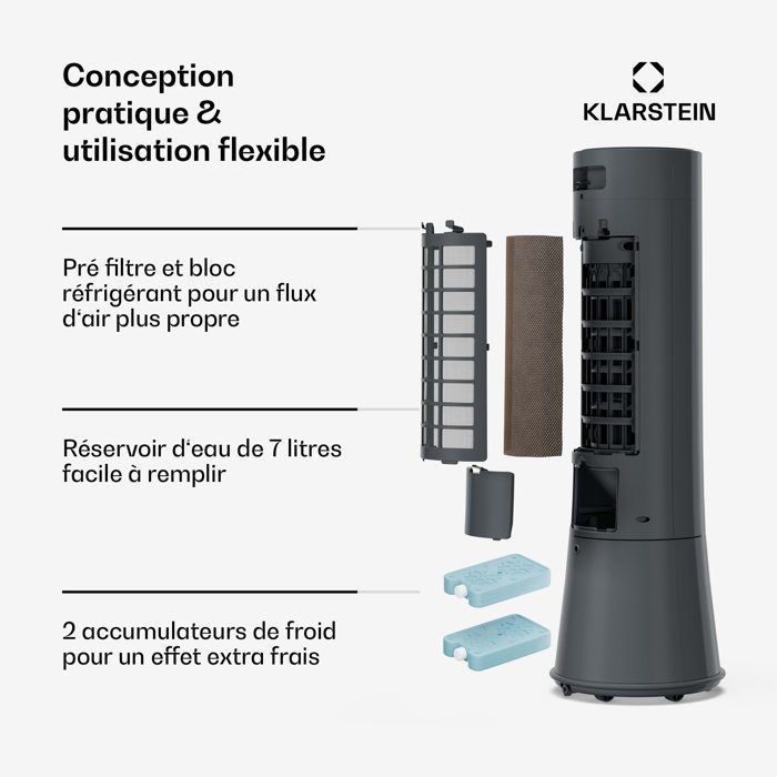 Ventilador enfriador de aire - Klarstein Frost - 200 m³/h - 7 L - 20 m² - 4 modos - 3 niveles de potencia - Control remoto