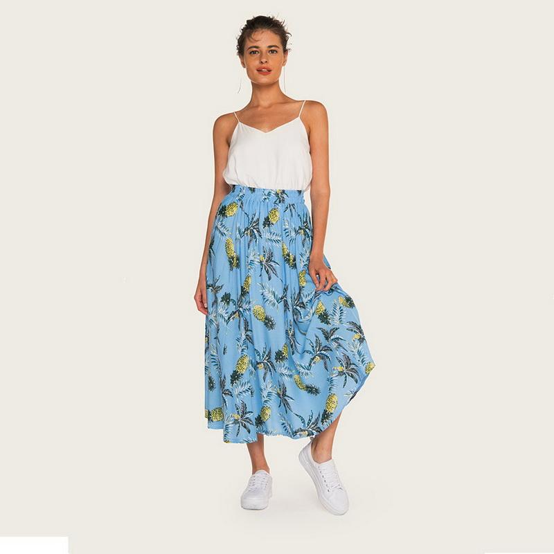 Faldas casuales de primavera y verano para mujer, estilo boho, de cintura alta, con estampado floral, faldas largas de corte A para mujer, faldas de playa para mujer.