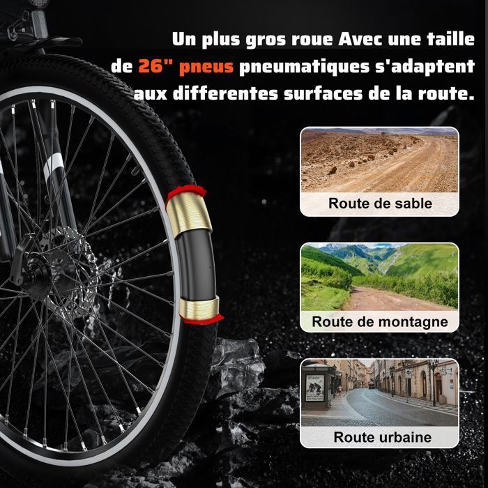 RCB Vélo Électrique 26 Pouces E-Bike Urbain Adulte,Moteur 350W,Batterie 36V/10.4Ah,7 Vitesses,Contrôle APP, Noir