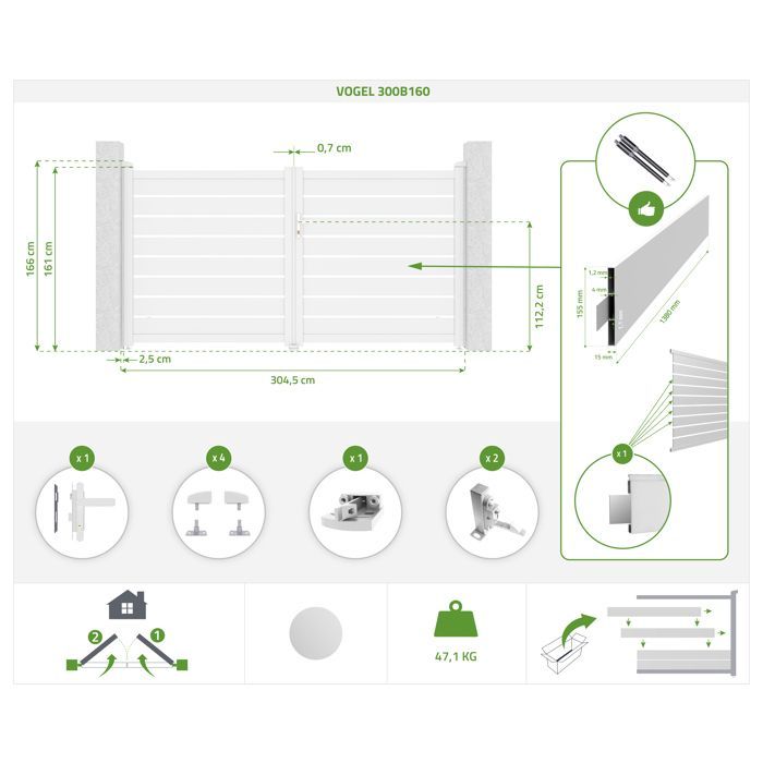 Puerta batiente - Casanoov - VOGEL - 3 m de altura (161 cm) - Blanca - Aluminio