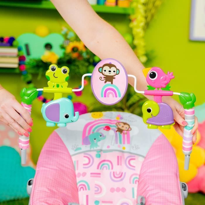 BRIGHT STARTS Baby Bouncer with Animals - Pink, Soothing Vibrations, Activity Arch with Interactive Toys