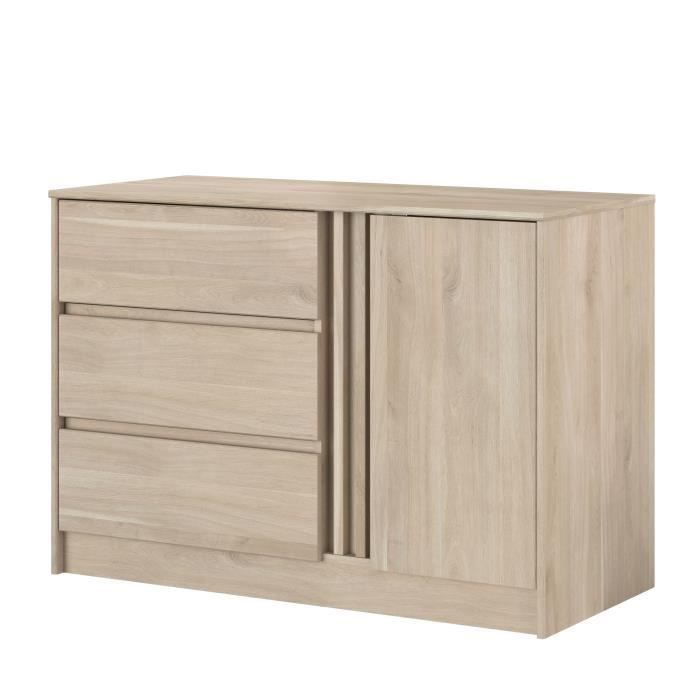 ESCALE Chest of Drawers - 3 Drawers - 1 Door - Oak Finish - W 109.8 x H 76.8 x D 50 cm