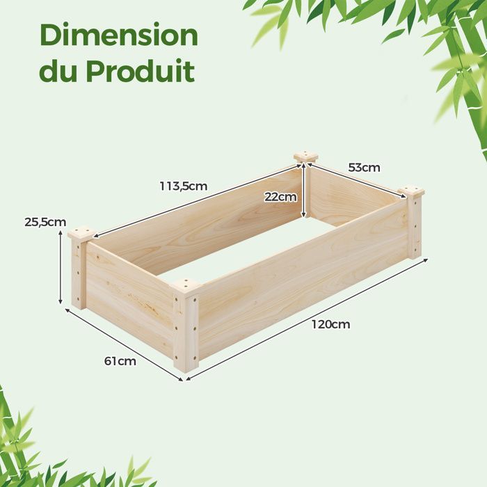 COSTWAY Raised Garden Bed, Wooden Fir, 120 x 61 x 25.5 cm, Open Bottom and Drainage, for Flowers, Herbs, Vegetables, and Fruit, Natural