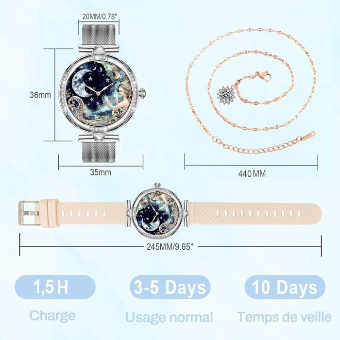 KIQULOV Smartwatch voor dames met Bluetooth-bellen, AMOLED-display, vrouwelijke functies, activiteitstracker, hartslagmeter, SpO2-sensor en IP68-waterdichtheid.