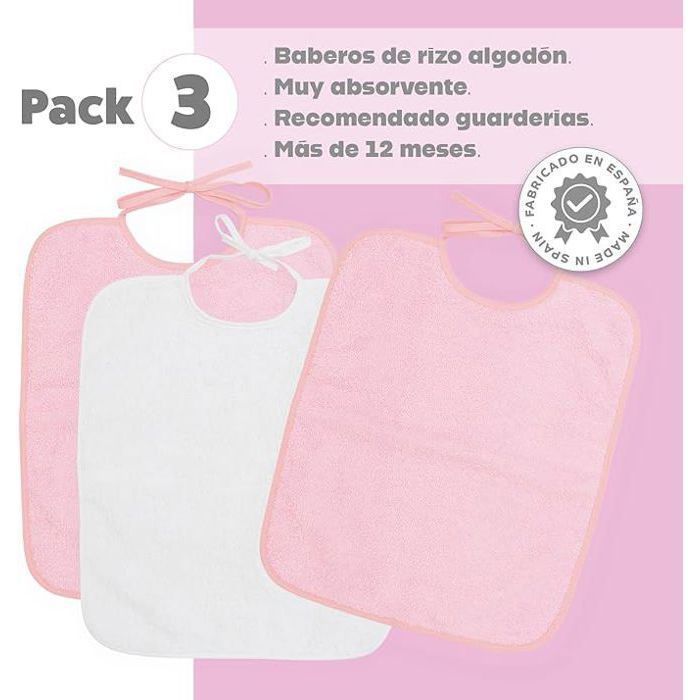 Ti TIN | Pack de 3 Bavoirs en Éponge | Pour Bébé de Plus d'1 An | Fermeture avec Rubans | Couleurs Unies Rose Pastel | 32x36 cm