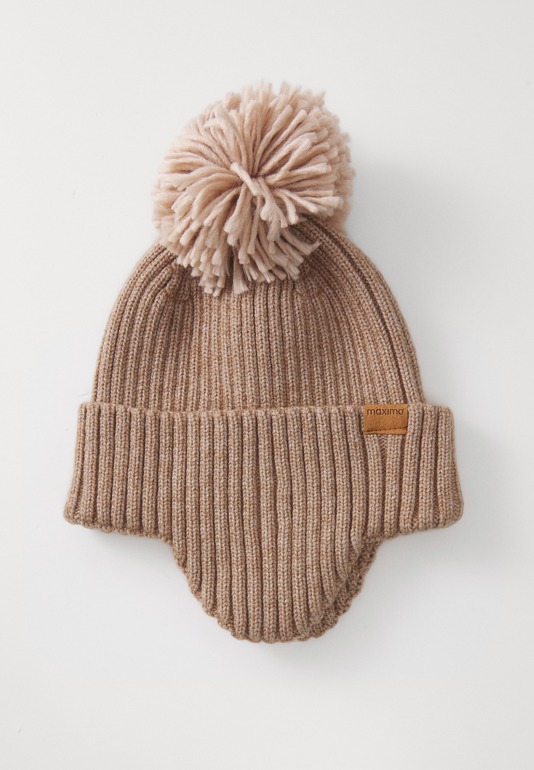 Maximo Mini-Mütze, hochklappbare Ohrenklappen, Bommel, Unisex - Mütze - hellbraun meliert