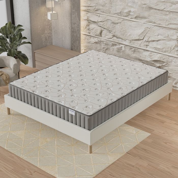 Colchón + Base de cama (180 x 200 cm) - Colchón de espuma viscoelástica Orionis de 22 cm + Base de cama de madera estable, Funda de tela blanca