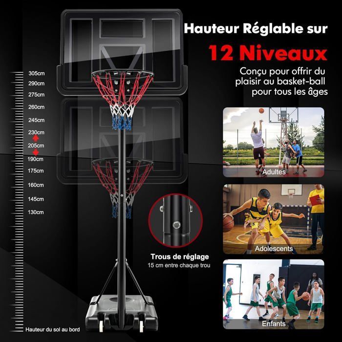 Aro de baloncesto independiente COSTWAY, altura ajustable de 130 a 305 cm, 12 niveles, con ruedas, móvil, 2 redes, base con peso.