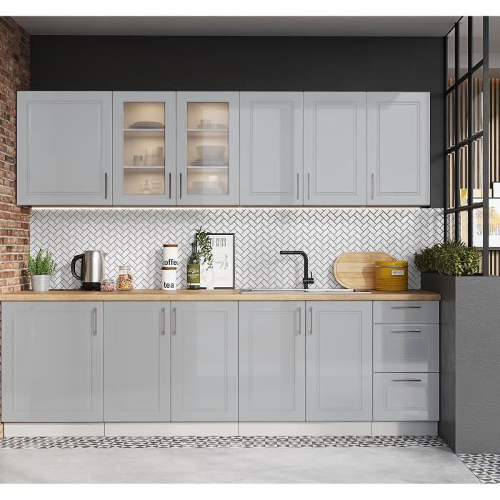 Cuisine complète Nela 8 éléments couleur gris mat - Longueur 260 cm
