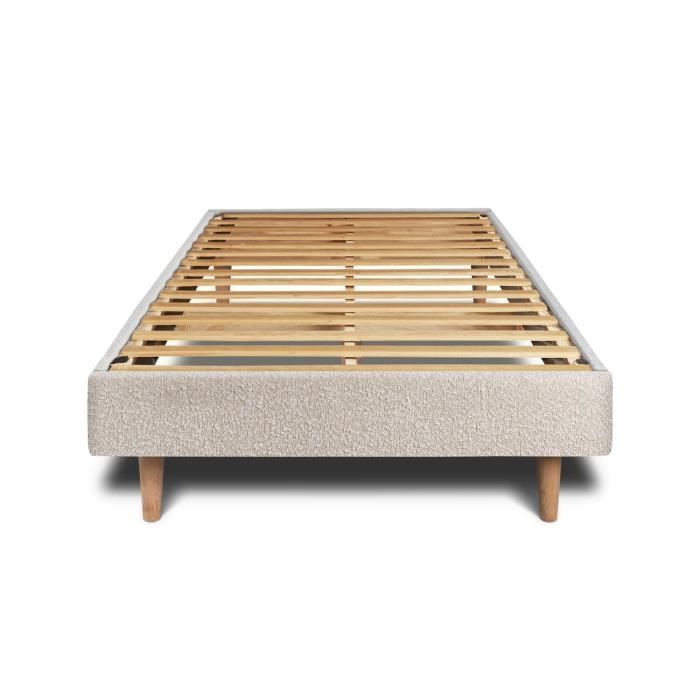 Base de cama Bouclette Beige 90x190 H29cm - Base de cama de madera maciza con patas cónicas de madera de 15 cm