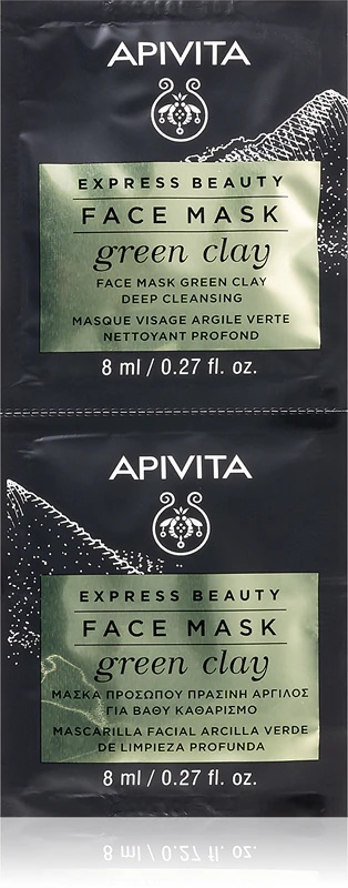 „Apivita Express Beauty Cleansing Face Mask“ valomoji ir lyginamoji veido kaukė su žaliuoju moliu.