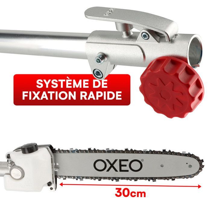 Podadora de pértiga a gasolina - Motor de 2 tiempos y 52 cc - 2 pértigas extensibles - Longitud total 4,06 m - Barra guía de 30 cm