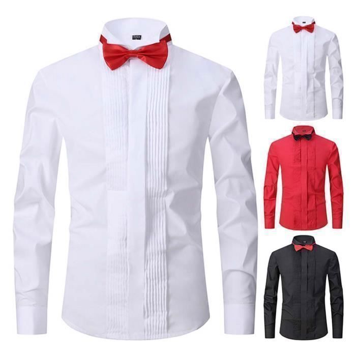 Camisa de boda para hombre con gemelos, elegante camisa de corte ajustado con pajarita, color liso - Blanco