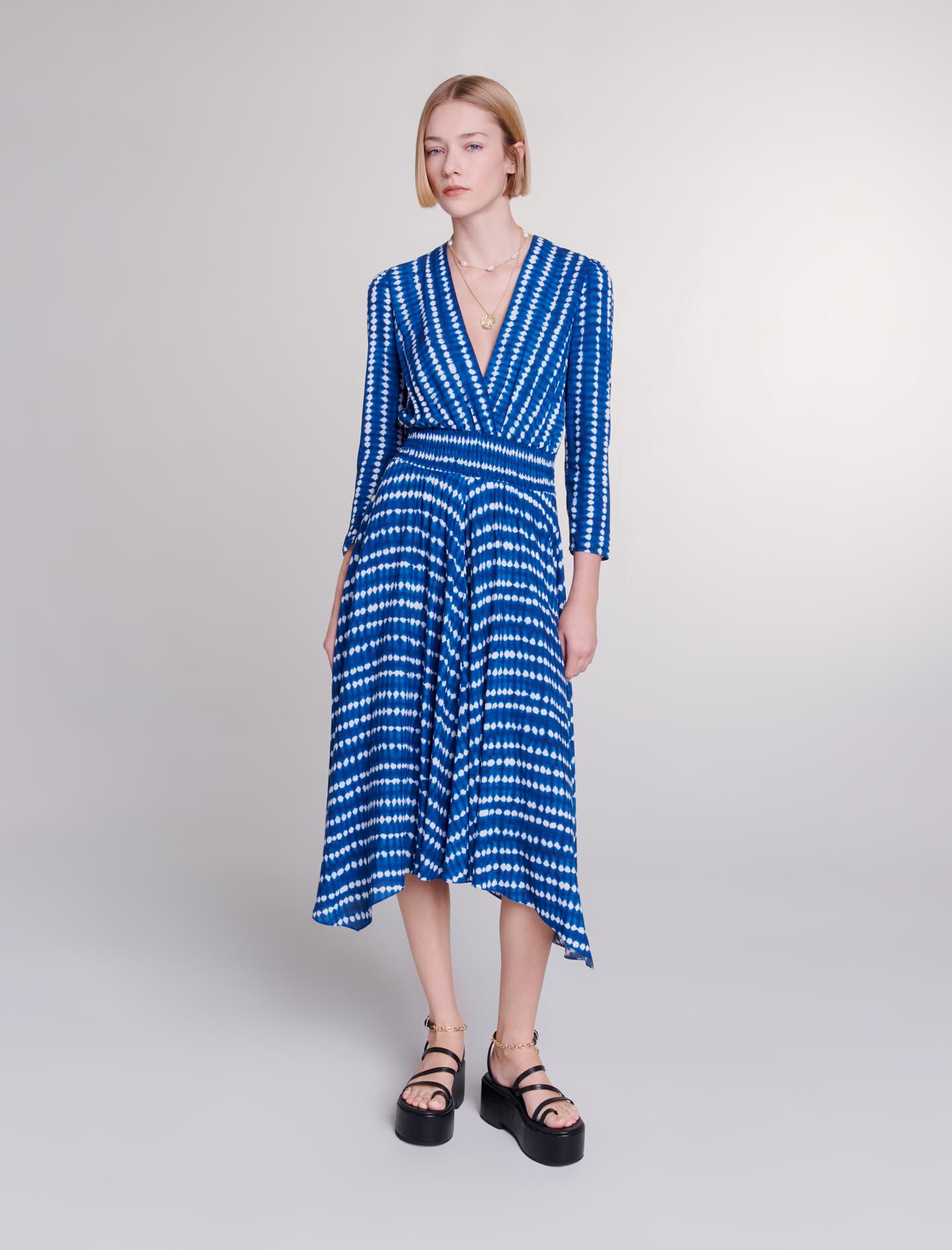 Lange asymmetrische jurk - tie-dye print - blauwe druppel
