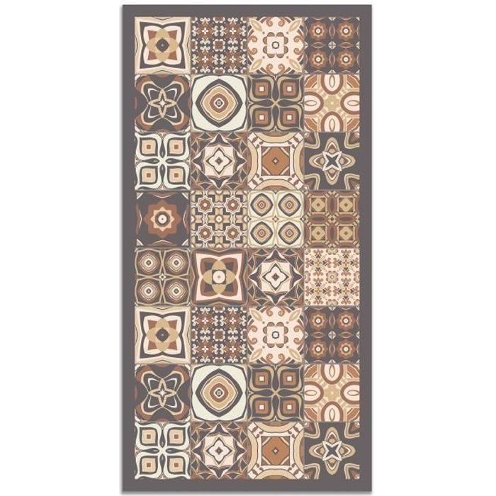 Tapis Vinyle Panorama Carreaux de Ciments Marron 300x200 cm - Tapis pour Cuisine, Bureau et Salon en PVC