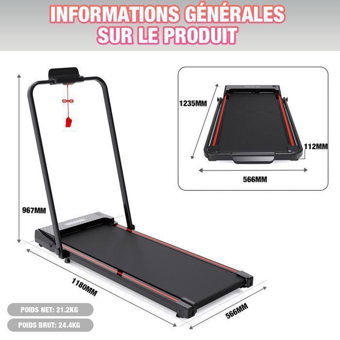 Tapis de Course Pliable et Inclinaible jusqu'à 3.3%,CITYSPORTS ZX2.Moteur 1400W,Vitesse 1-12km/h,Noir avec Rouge
