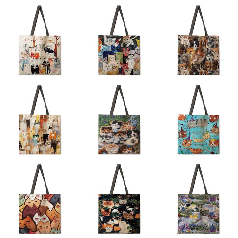 Sac de plage pour femme, sac bandoulière pliable, sac de courses à motif chat, cabas imprimé, sac bandoulière réutilisable en lin