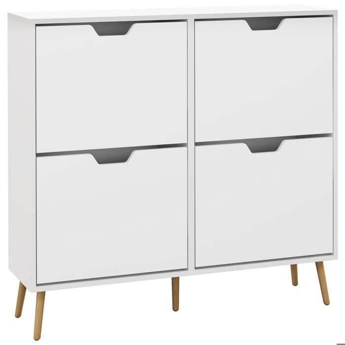 Zapatero - HOMCOM - 4 puertas abatibles - 16 pares - estante ajustable - patas de madera de pino - gran capacidad - blanco