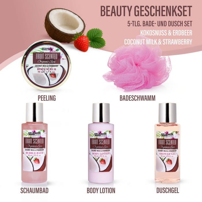BRUBAKER Cosmetics - Conjunto para Banho e Chuveiro - Coco/Morango - 5 Peças - Ideia para Presente