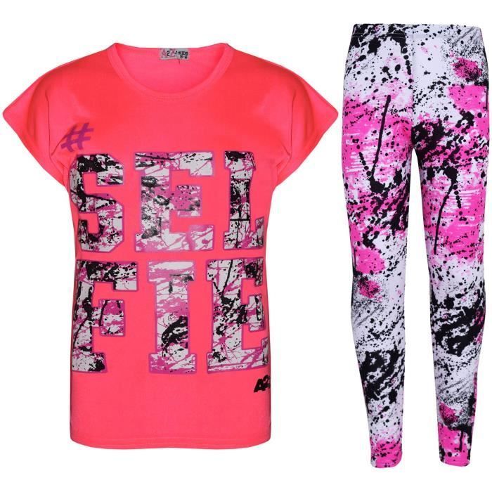 Conjunto de camiseta y leggings - Splash Fashion - Niñas de 7 a 13 años - Manga corta - Cintura elástica - Rosa neón