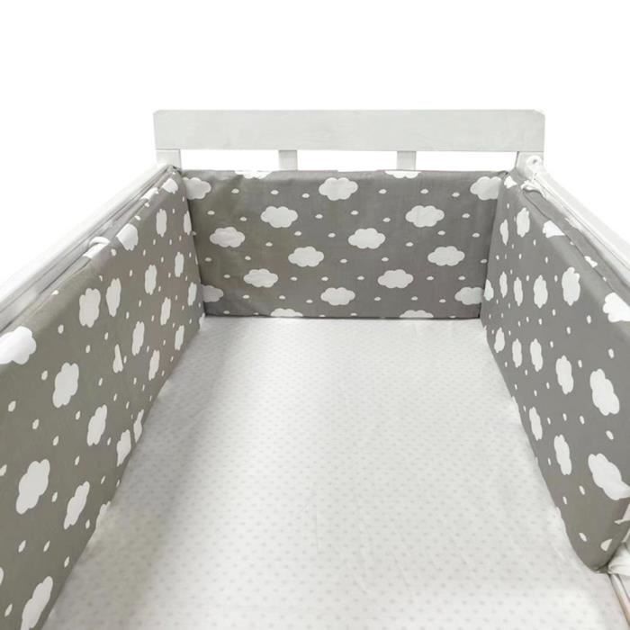Protector de cuna de 200 x 30 cm, cojín barrera anticolisión para cuna, protector de cuna de algodón transpirable, nubes grises