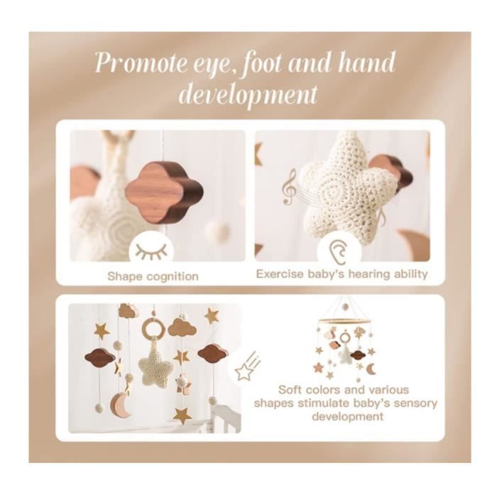 Móvil de madera para bebés con estrellas, luna y nubes para ejercitar la visión y la coordinación mano-ojo.