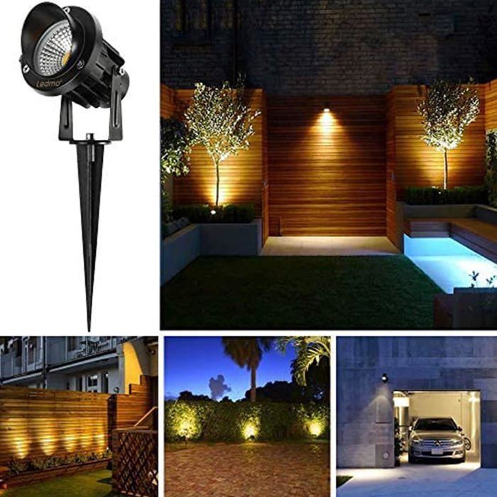 Paquete de 4 focos LED exteriores de 9 W con estacas, 3000 K-3300 K, 900 lúmenes, luces LED exteriores con estaca, lámpara de jardín impermeable IP65, luz blanca cálida.