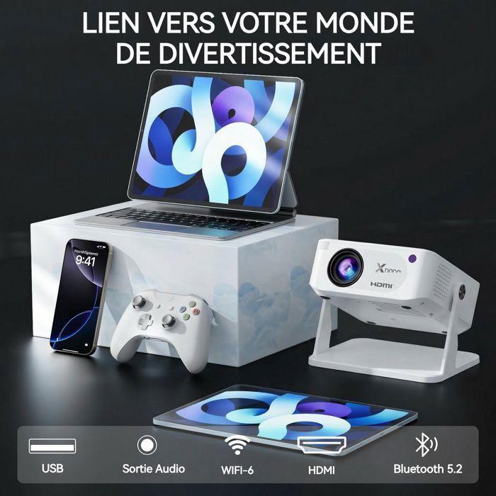 XNAN Draagbare WiFi 6 Bluetooth Home Cinema Projector, Mini Smart Projector Android 11 720P Ondersteuning 4K 161x135x170mm