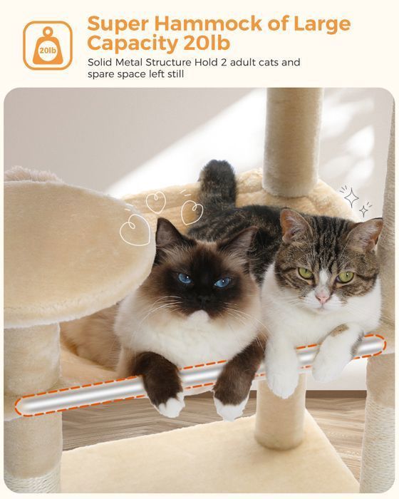 PAWZ Road Cat Tree, Spacious Design, Large, Sturdy Hammock with Hammock and Beautiful Cat House - Beige - 143 cm