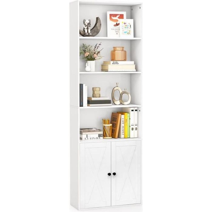 Librería COSTWAY de 180 cm con 4 niveles y armario de 2 puertas, unidad de almacenamiento con dispositivo antivuelco, color blanco.