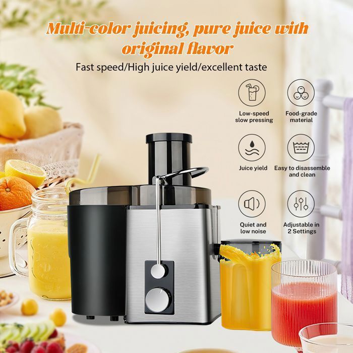 Extracteur de jus 800W - Centrifugeuse de fruits à 2 vitesses - machine à fruits- bouche 70mm, jarre à jus de 600 ml - Noir